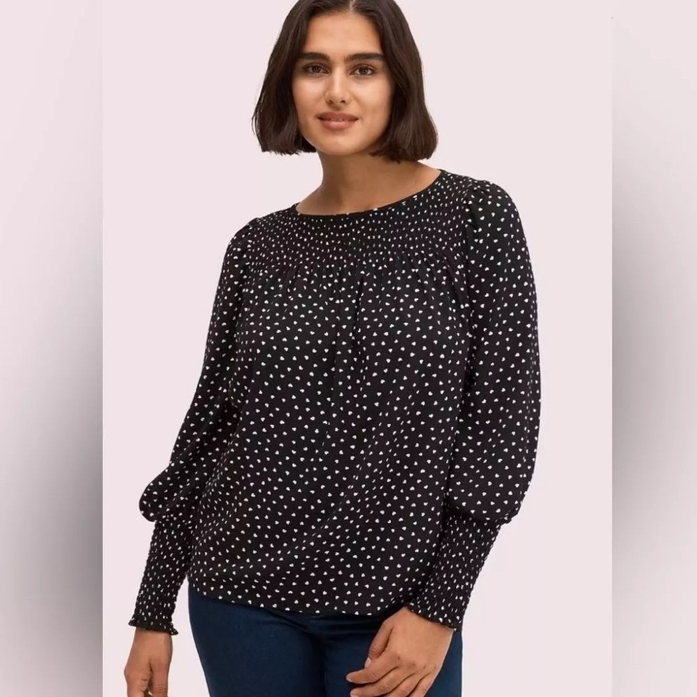 Kate‎ Spade XS Heartbeat Smocked Top Blouse ~ Hearts Smocked Night Out Party